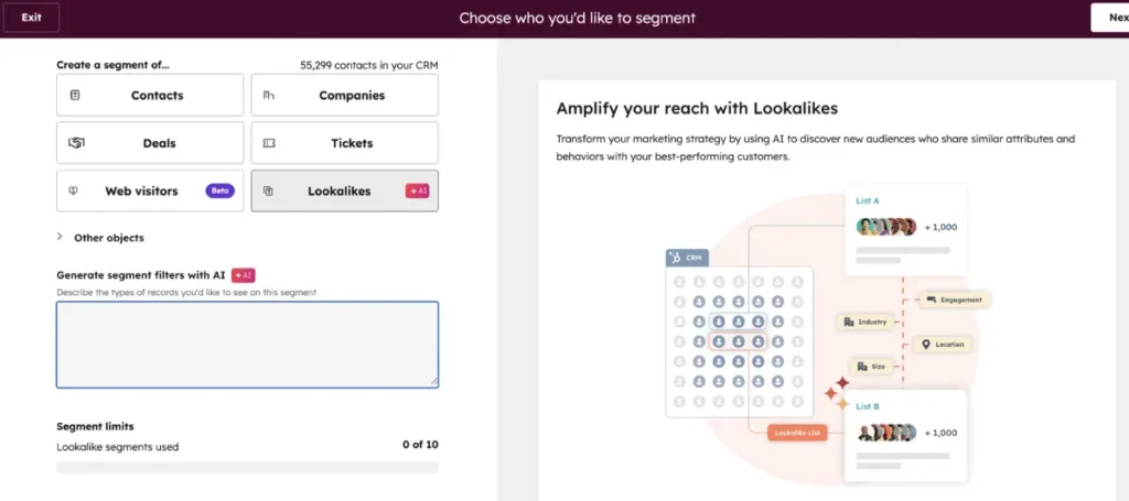 HubSpot CRM segment builder for contacts, companies, deals and tickets