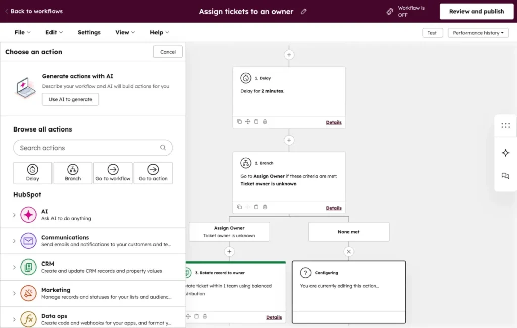 HubSpot workflow automation that routes and assigns tickets to an owner